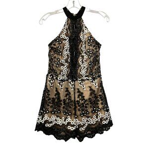 Aly Daly Womens Halter Racerback Floral Lace Romper Black/Multi L Cut Out